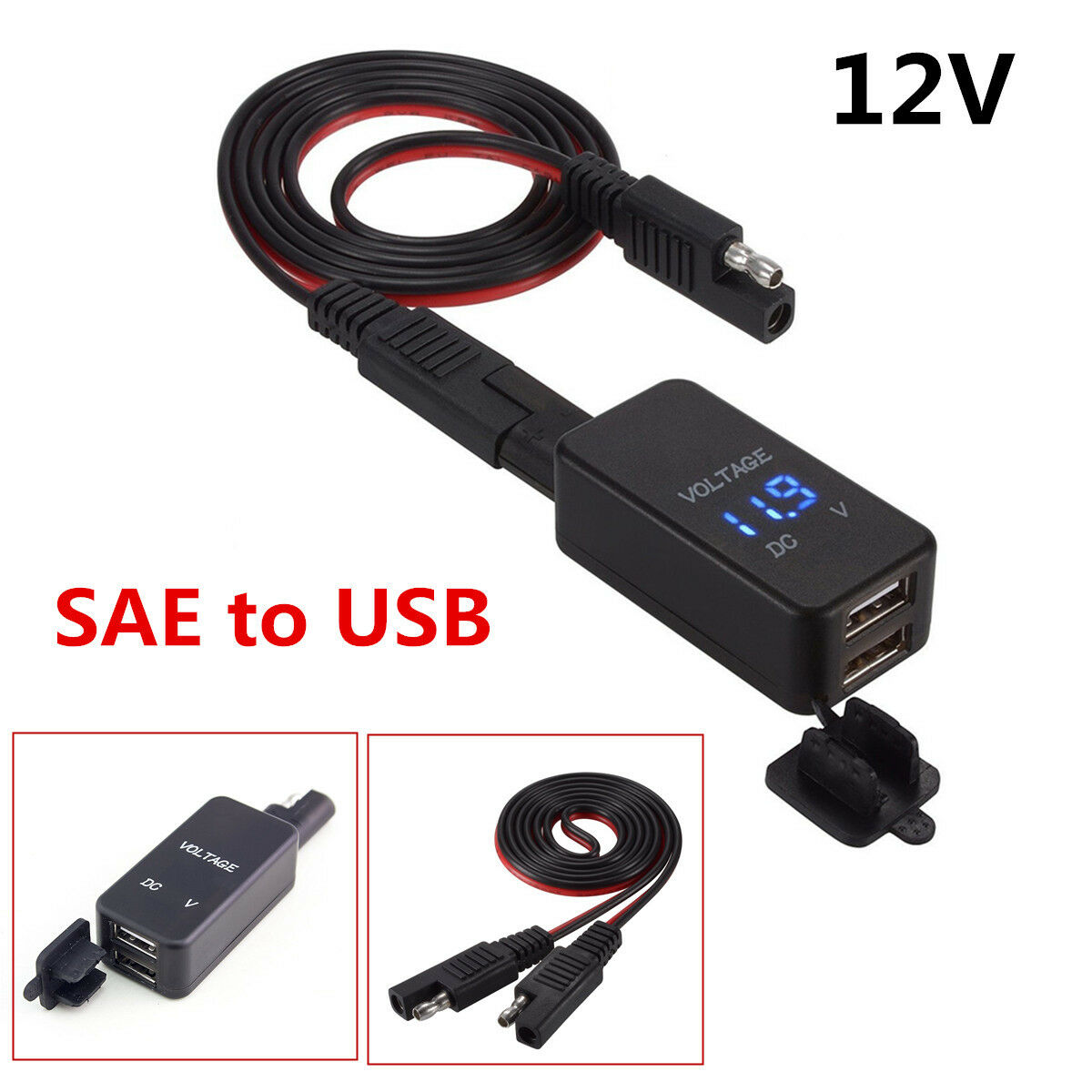 Motorcycle SAE to USB Cable Adaptor Dual USB Port Cell Phone Charger & Voltmeter