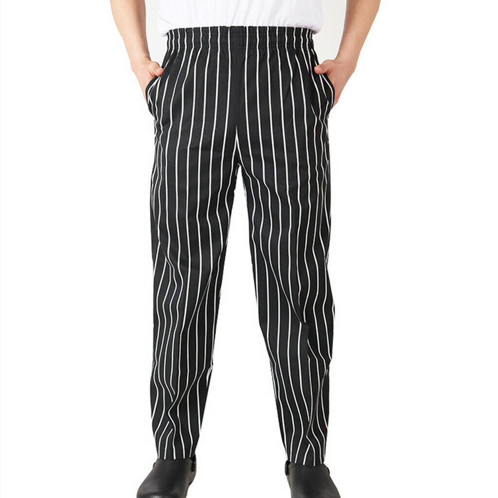 2X Elastic Restaurant Cafe Chef Waiter Pants Trousers Uniform Accs Striped XXL