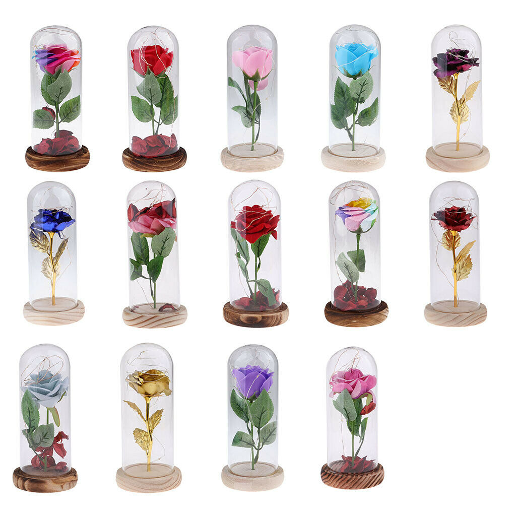 Flower and LED Light in Glass Dome on a Wooden Base Valentine Gift  A