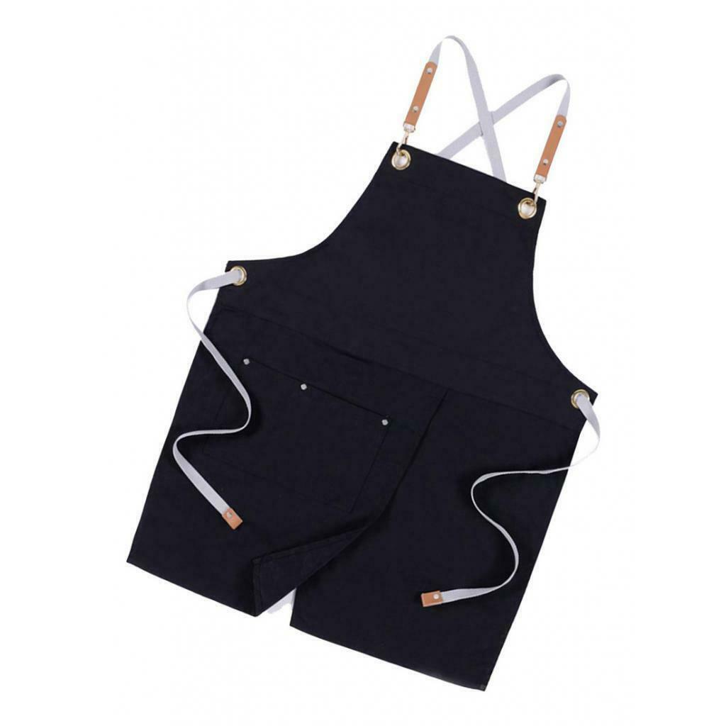 2Pcs Black Denim Apron Unisex Kitchen Bar Leather Cross Back Straps