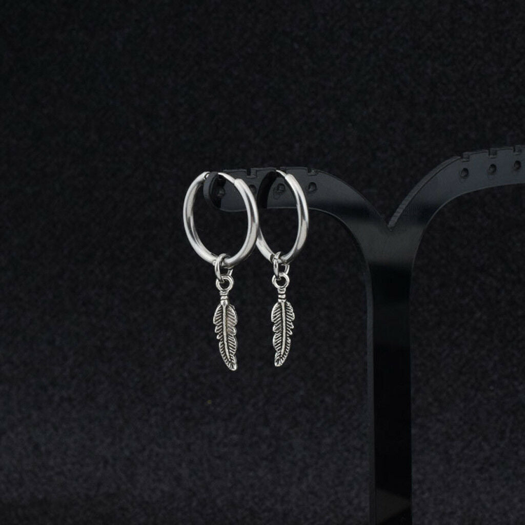 Hip Hop Kpop Leaf Titanium Pendant Feather Hoop Earrings Korean Jewelry