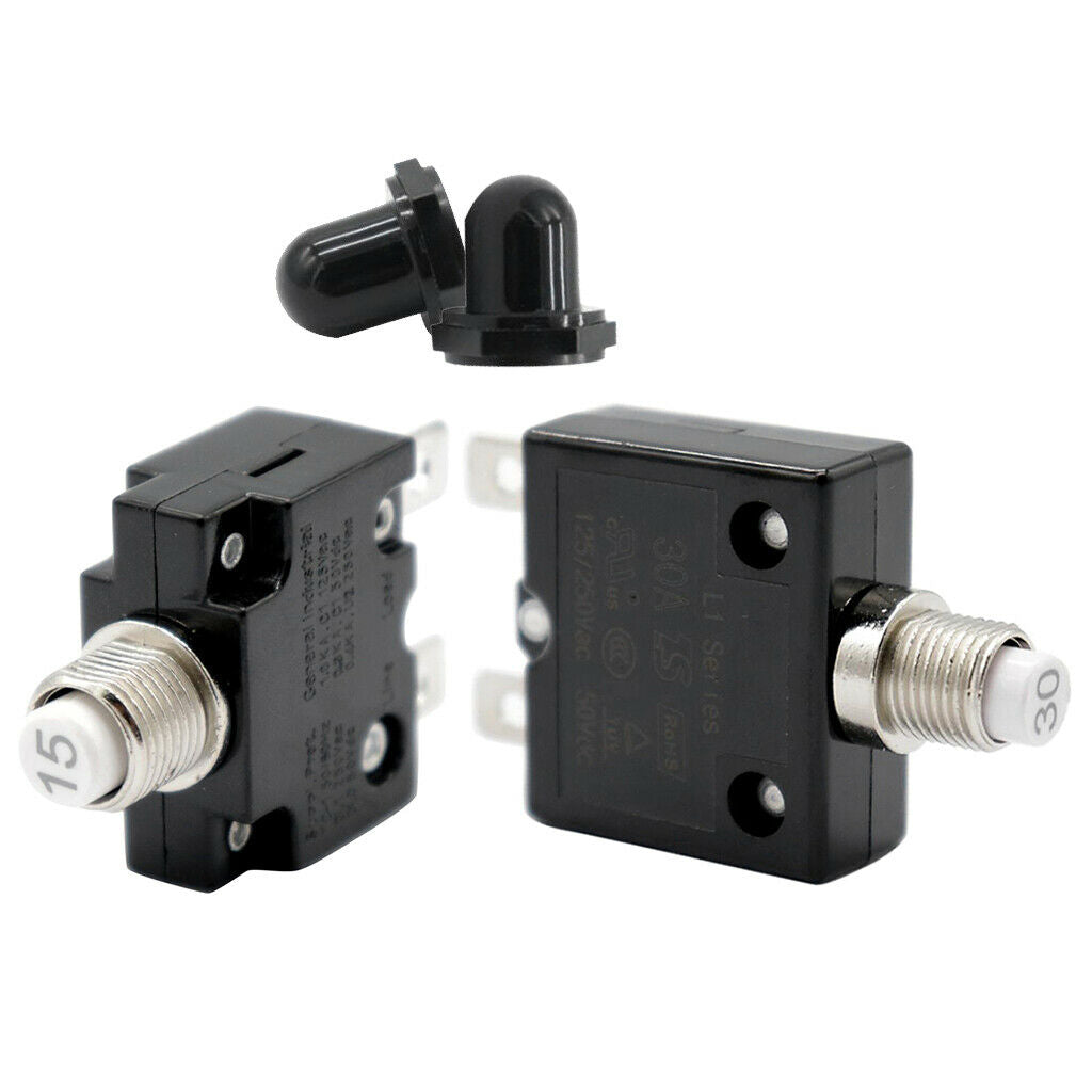 2x 15A/30A Push Button Reset Circuit Breaker, DC 50V AC 125/250V Thermal