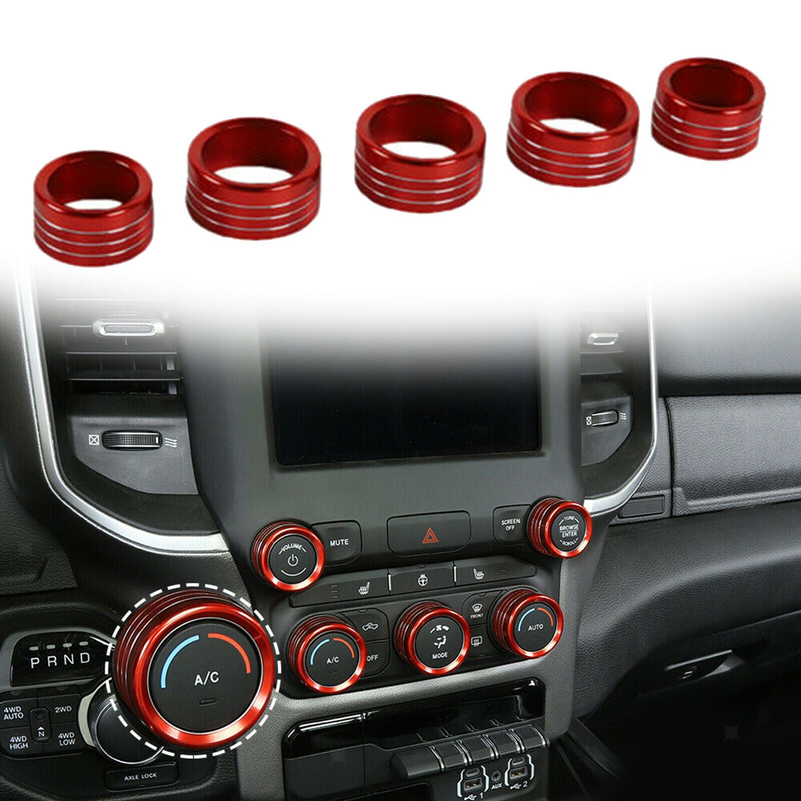 Center Console AC Radio Switch Knob Cover Rings For Dodge RAM 1500 2018+ Red