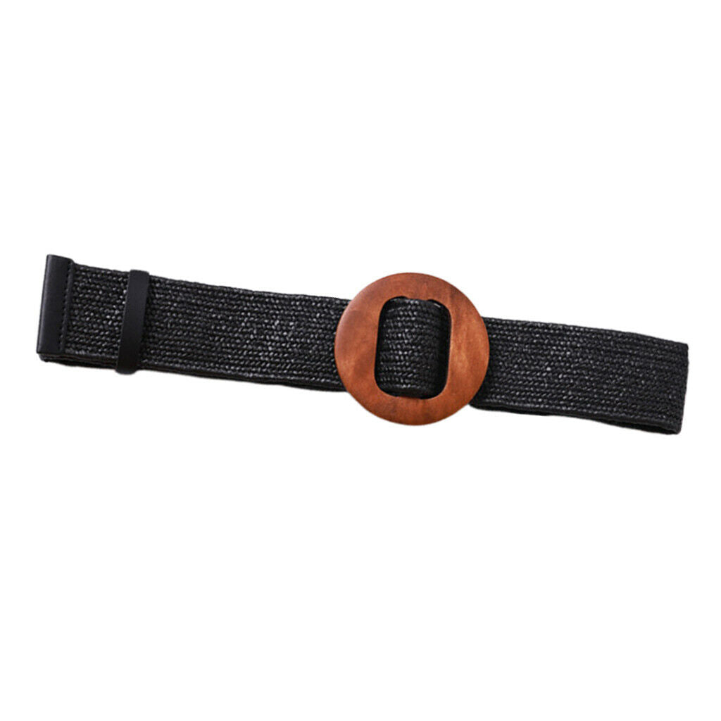 Braided Waistband Cinch Belt with Round Wooden Buckle Decorative Dress Belts