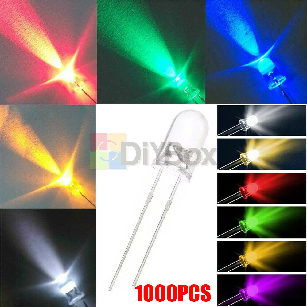 1000Pcs 5mm Round Red/Green/Blue/Yellow/White Water Clear LED Light Diodes Kits