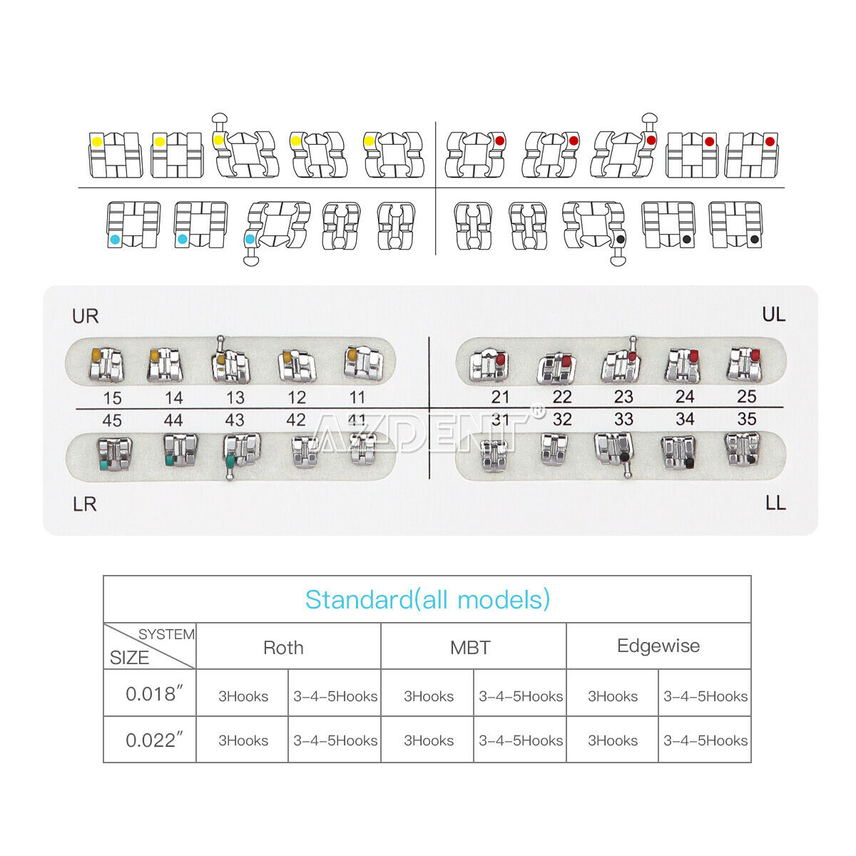 100xDental Orthodontic Brackets Standard Roth Slot.022 3 Hooks AZDENT