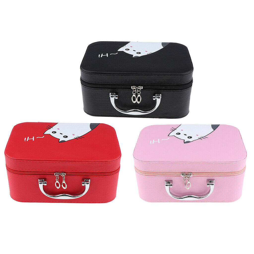 Handheld Leather Makeup Train Case Cosmetic Organizer Bag With Mirror Zipper
