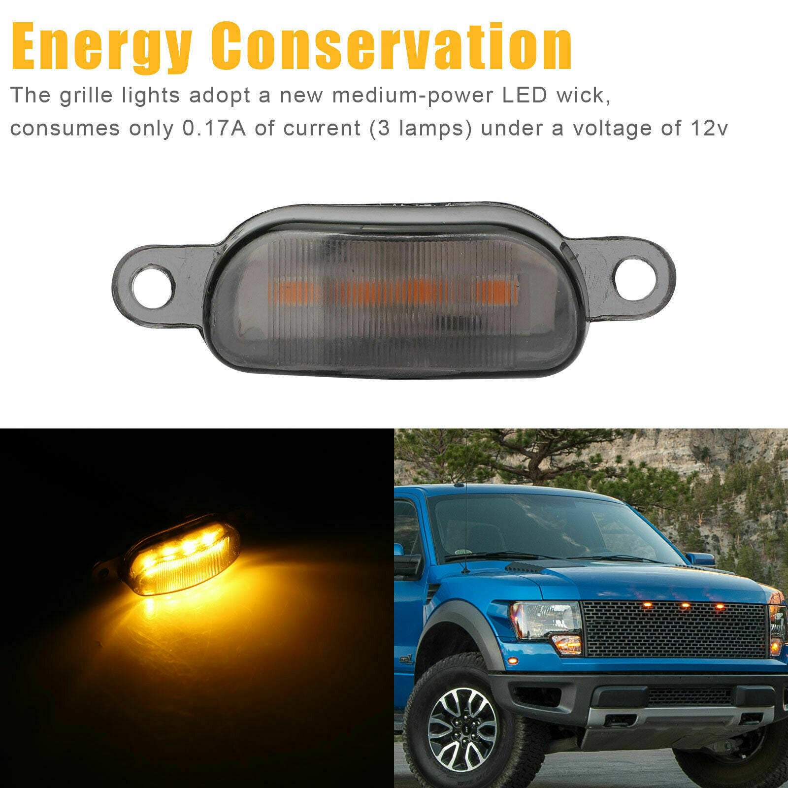 3X Amber Smoked LED Front Grille Grill Running Lights For Ford F150 Raptor Style
