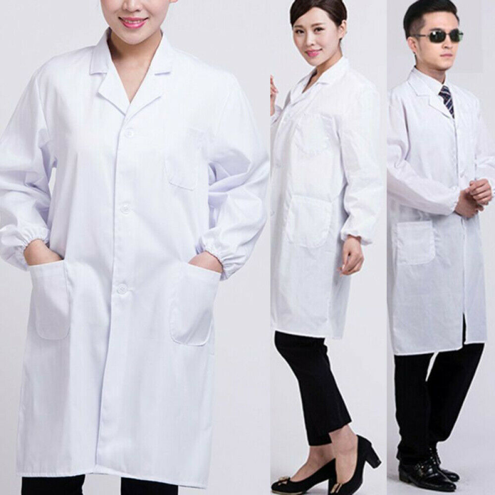 Womens Mens White Lab Coat Scrub Medical Doctors Lapel Collar Jacket Hospital