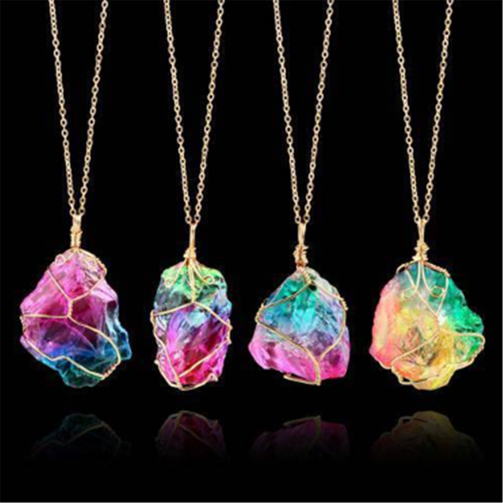 Rainbow Stone Natural Crystal Chakra Rock Chain Quartz Pendant Necklace Jewelry^