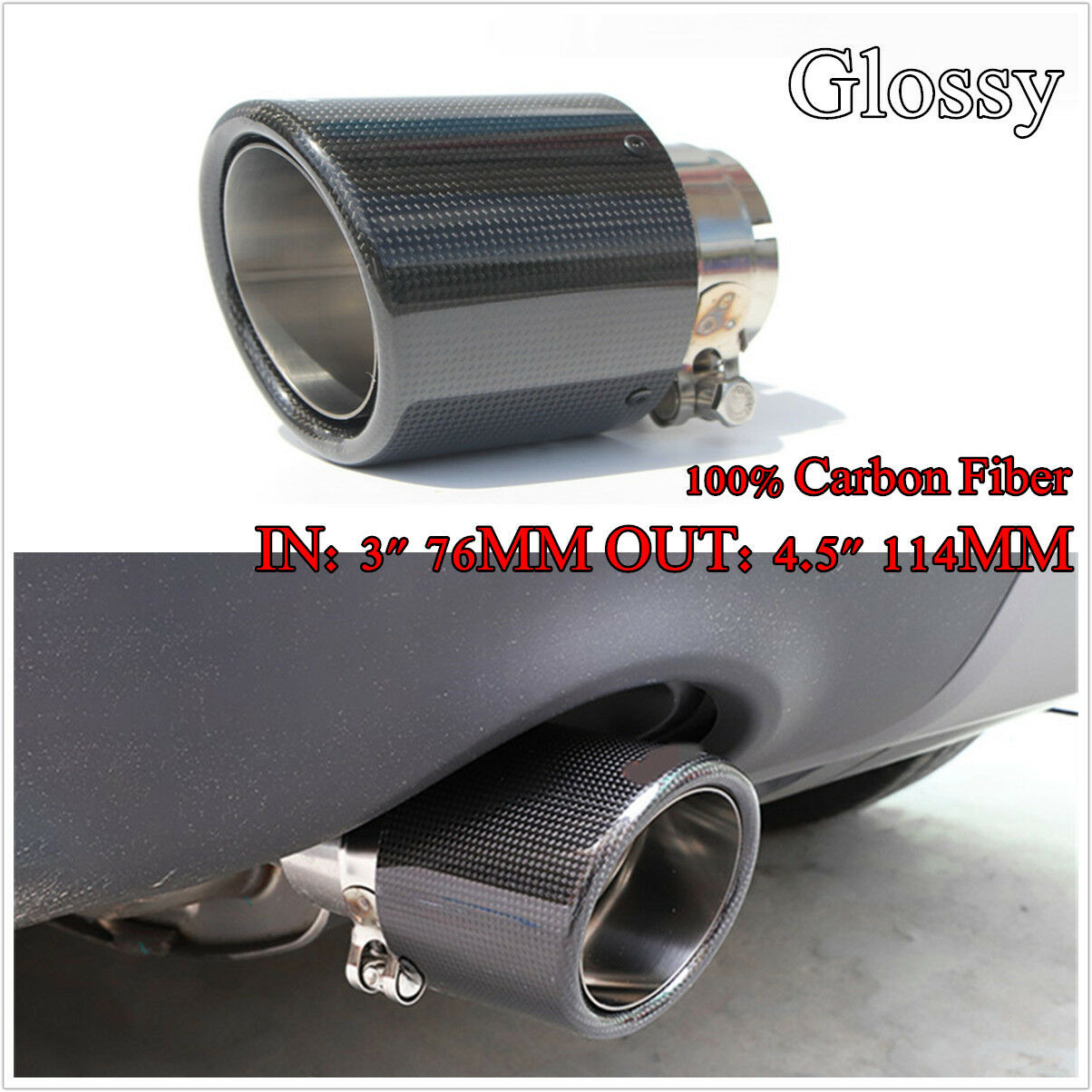 Curled Inlet 3" 76mm Outlet 4.5" 114mm Carbon Fiber Glossy Exhaust Tips Muffler