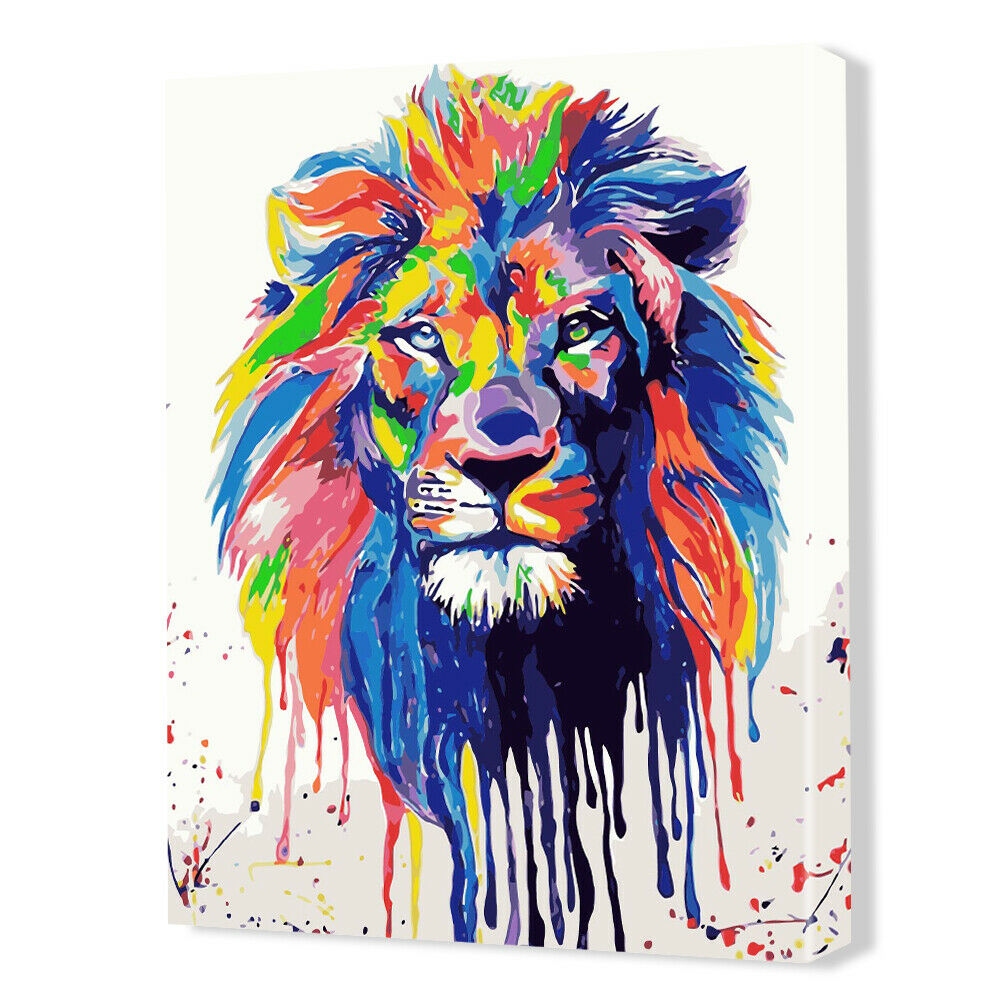 Painting By Numbers Kit Frameless DIY Hand Painted Colorful Lion Oil Canvas @