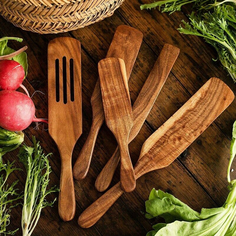 6-Piece Cooking Utensils Set Natural Teak Kitchen Wooden Cooking Utensils SeQ1Q7