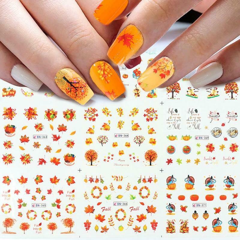 1 Sheet Fall Maple Leaf Pumpkin Nail Art Stickers Harvest Water Transfer Decals
