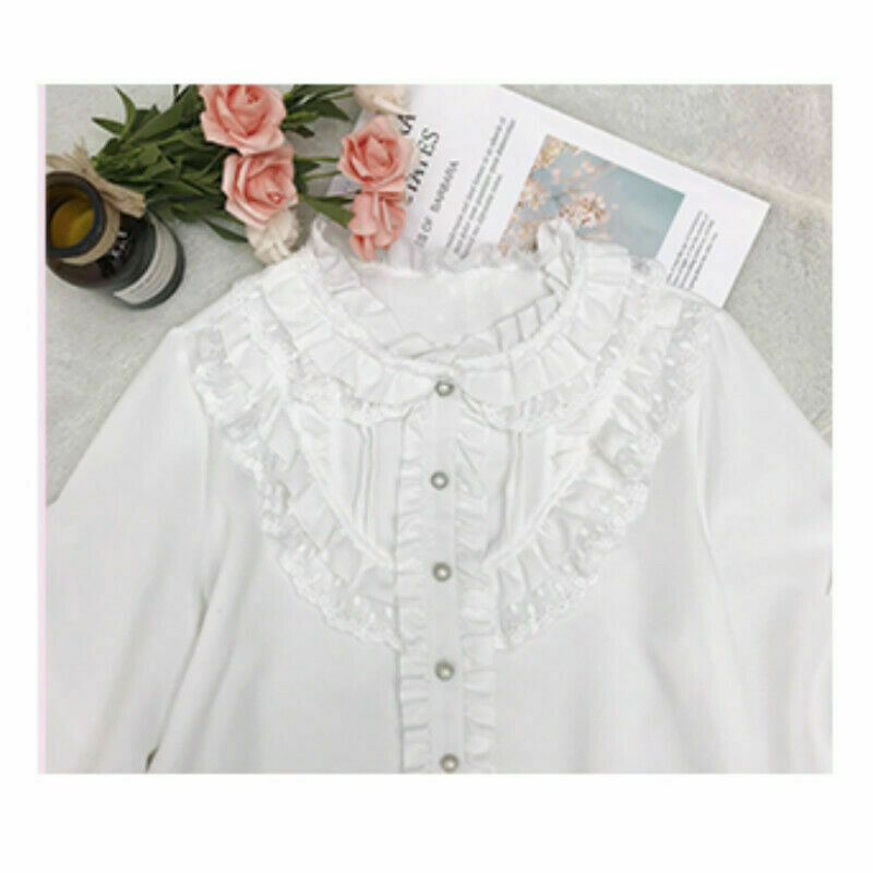 Lady Retro Victorian Lace Ruffle Shirt Girls Lolita Blouse Tops sweet White UK