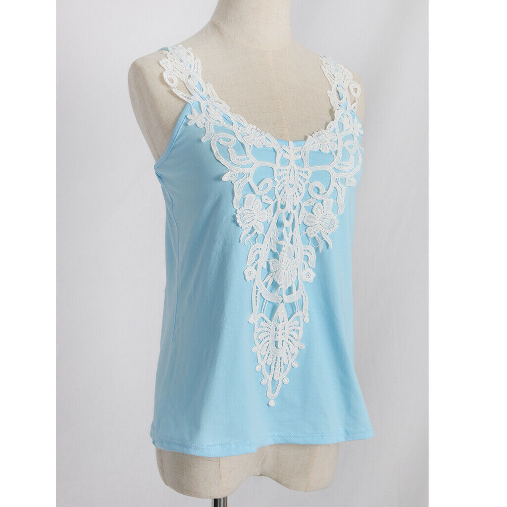 Fashion Ladies Summer Lace Vest Top Sleeveless Blouse Casual Shirt M Blue