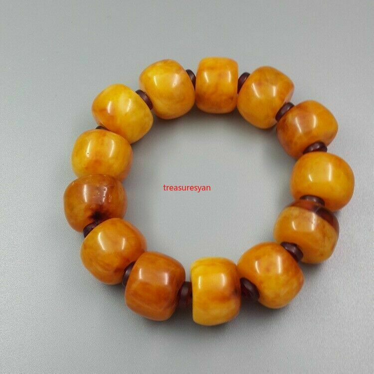 Certified Chicken Oil Yellow Amber Short Barrel Bead Bangle Bracelet Men 7.5"