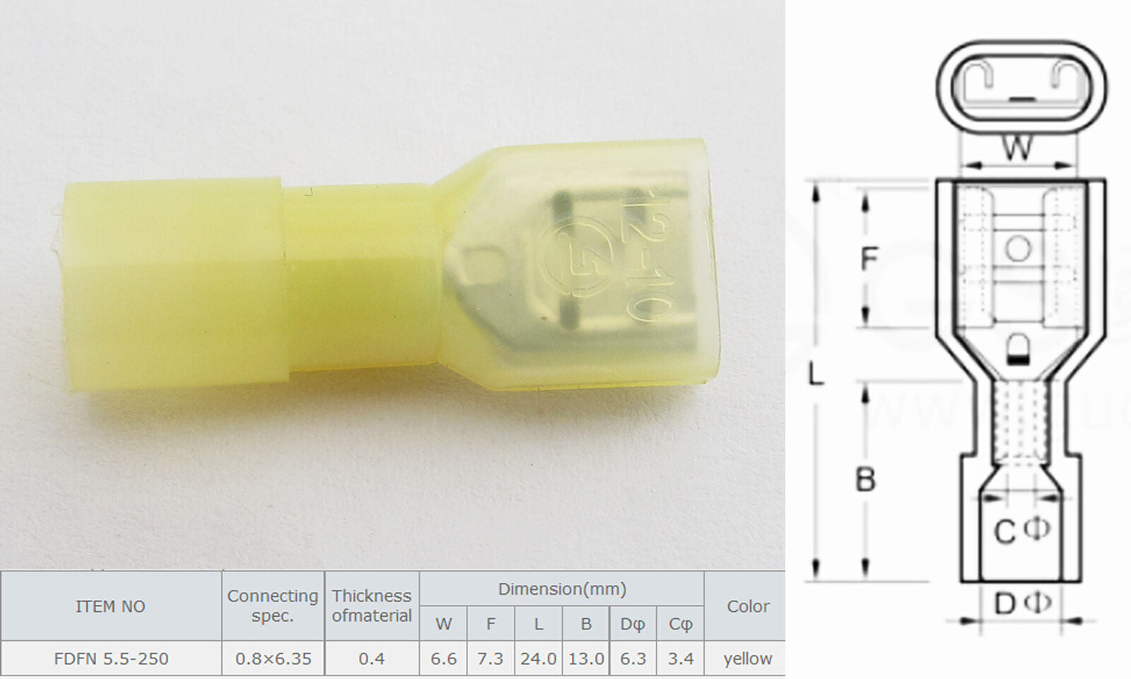 10x Yellow Nylon Full Insulated Female Copper Terminals 10-12 Gauge W:6.6mm 24A