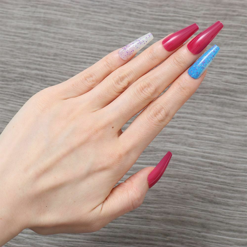 Ballerina Extra Long Color mixing T-shaped Coffin Nail Tip Sequins False Nails