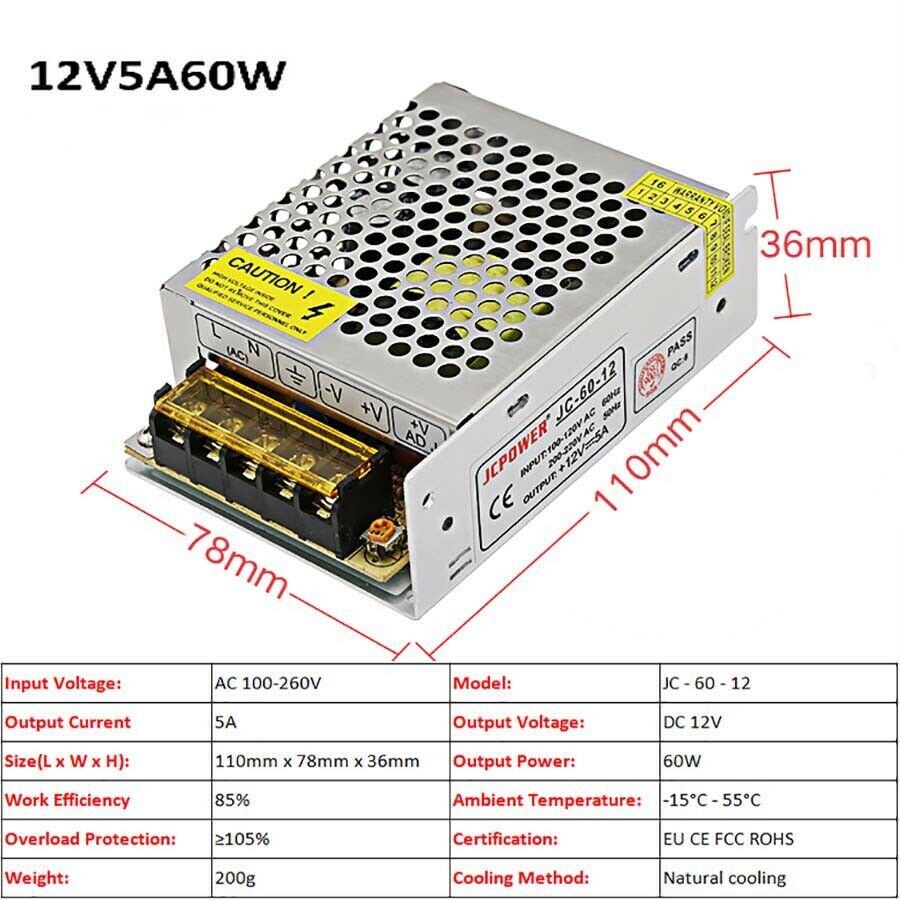 12V 5A 60W DC Regulated Switching Power Supply PSU Transformer LED Strip Monitor