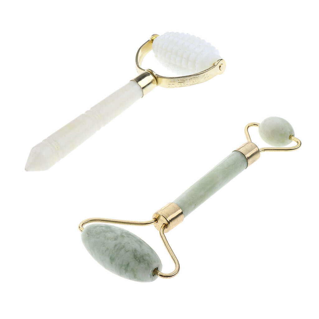 2Pieces Handheld Natural Jade Stone Facial Massage Roller Face Neck Massager