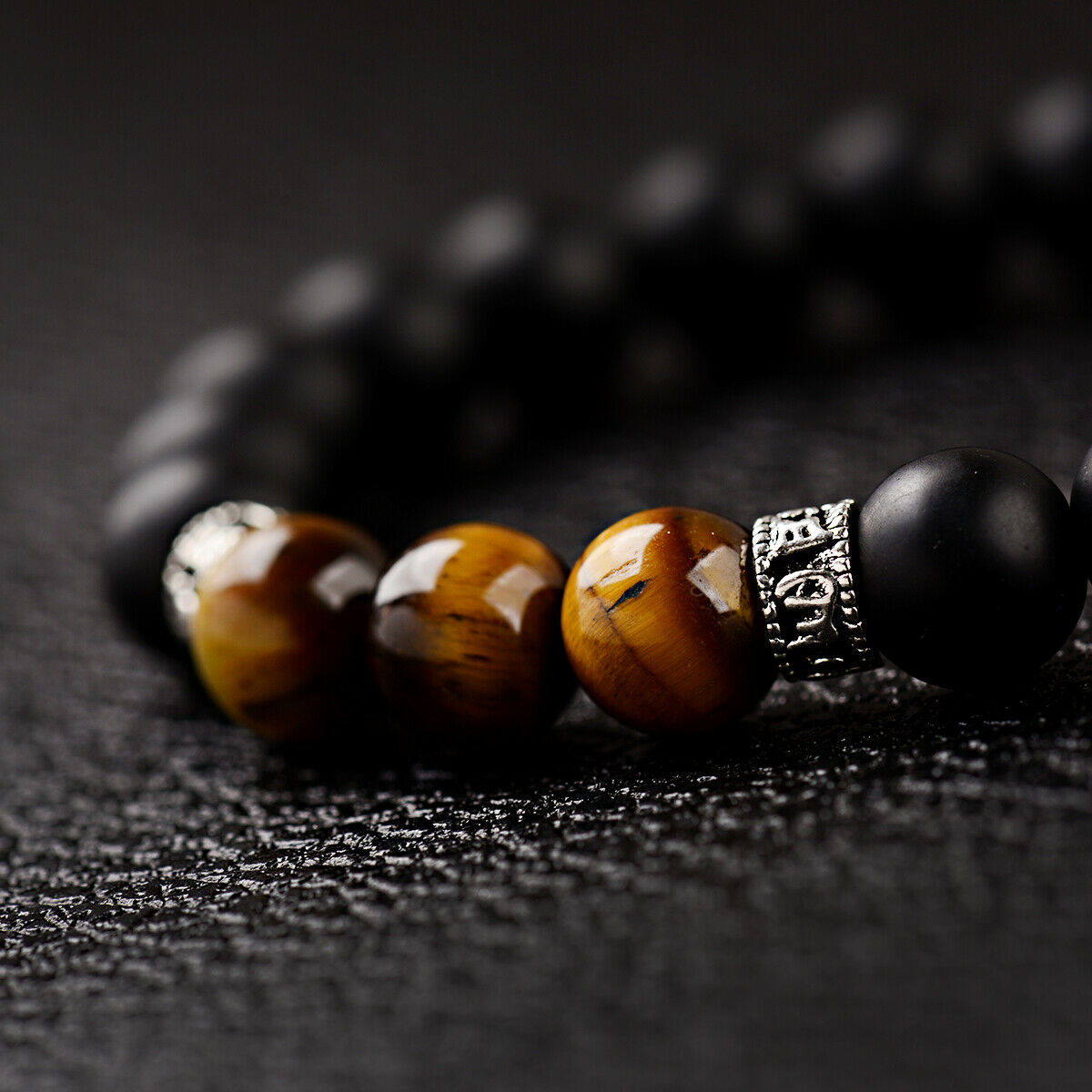 Hot Men's Fashion Black Onyx Stone Tiger Eye Sanskrit Beads Cuff Charm Bracelets