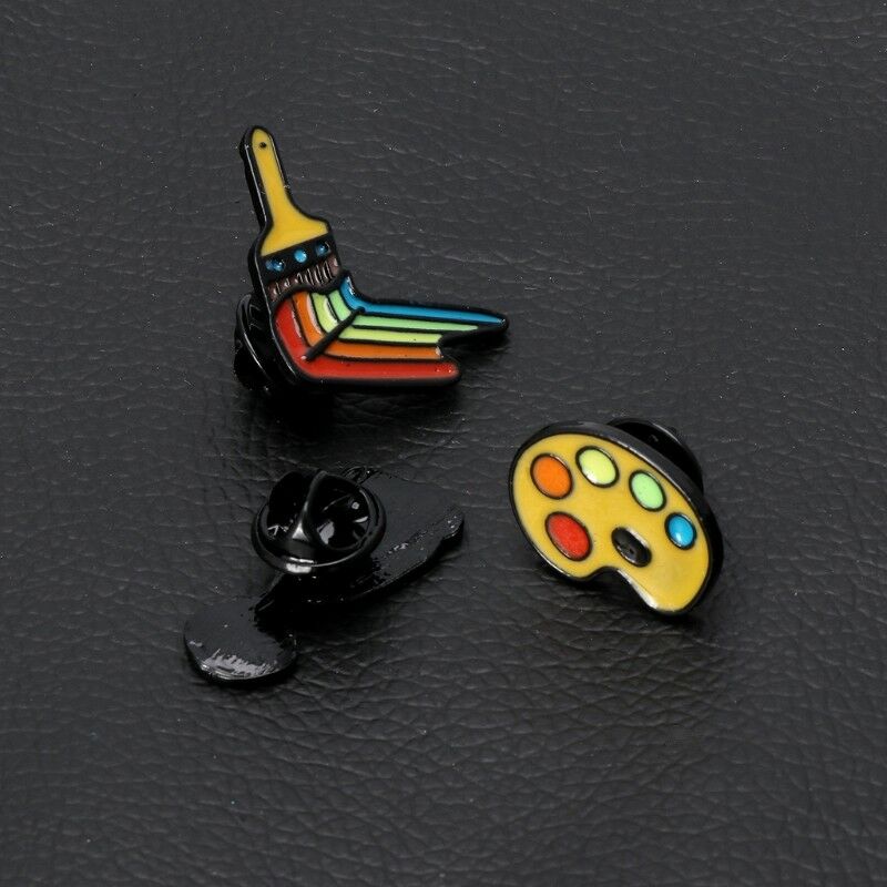 3PCS RAINBOW ENAMEL PAINTER'S PALETTE BRUSHES BROOCHES PINS ARTIST GIFT JEWELRY