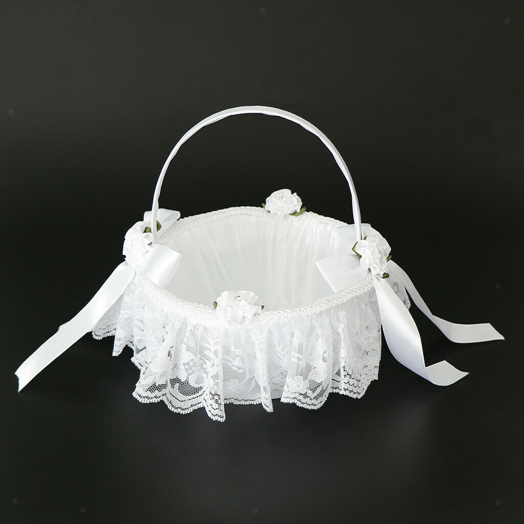 Satin Roses Lace Wedding Bridal Flower Girl Basket with Ribbon Bowkot White
