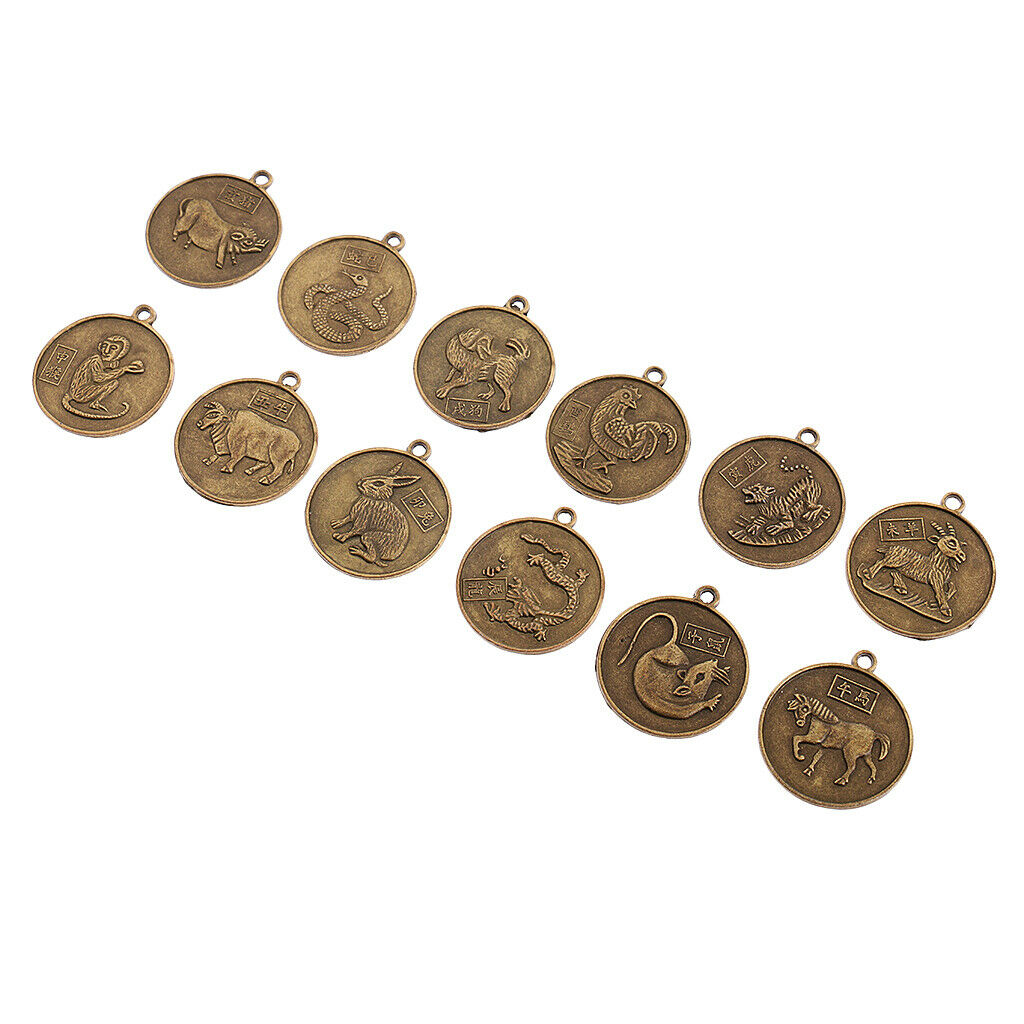 2X 12pcs/set Chinese Zodiac Signs Animals Coin Pendant Feng Shui Amulet Charms