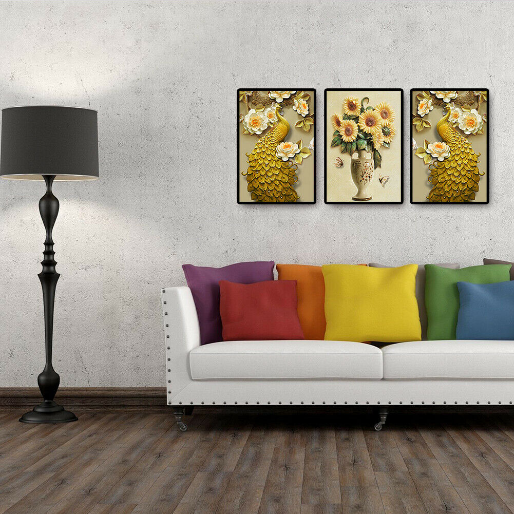 5D DIY Diamond Painting Golden Peafowl Flower Full Round Drill Embroidery  @