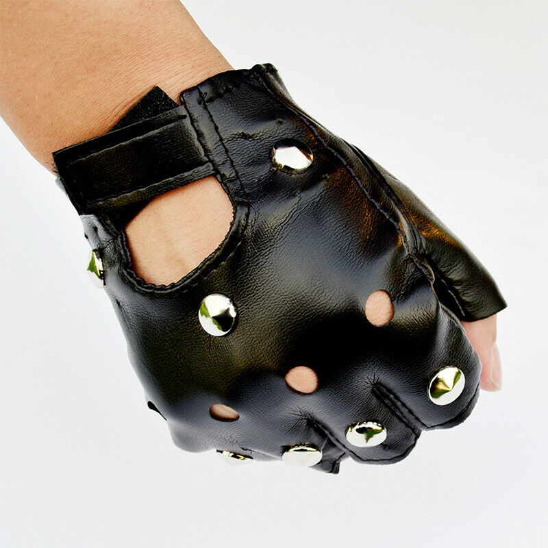 Unisex Fingerless Driving PU Leather Gloves Motor Cool Rivet Disco Dance RocFCA