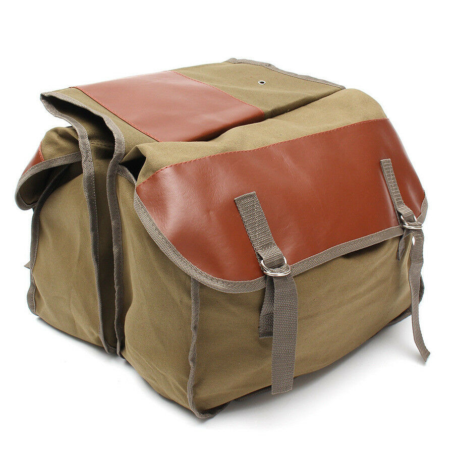 Light Motorcycle Saddle Bag Travel Essential Brown PU Leather+Army Green Canvas