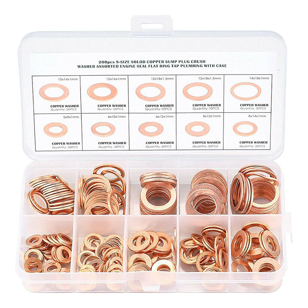 200 Pieces Copper Sealing Rings 9Sizes Flat Sealing Ring Assortment Kit