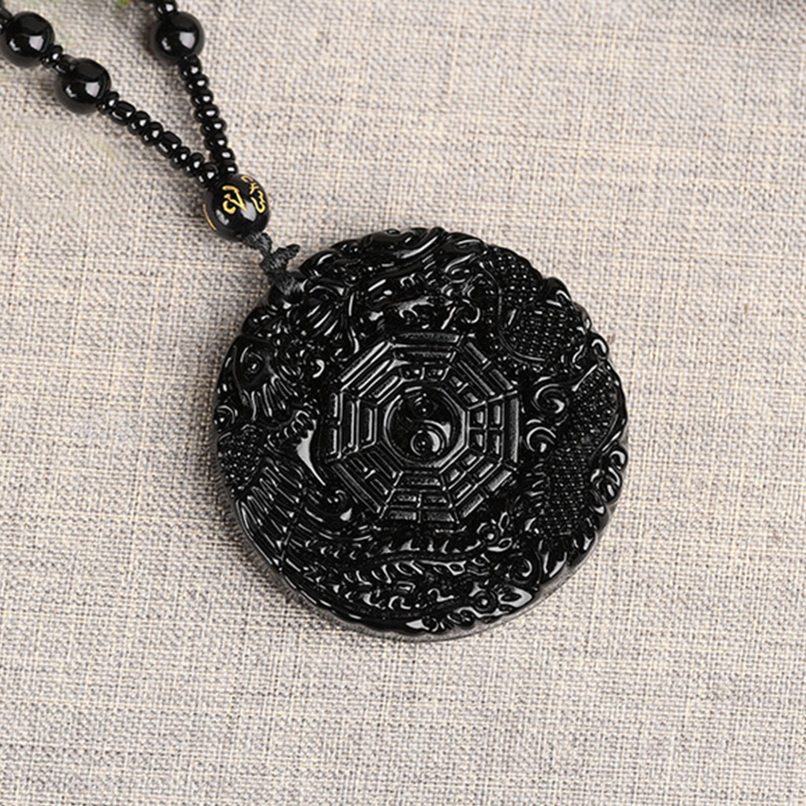 Natural Obsidian Hand Carved Chinese Taiji-Bagua Lucky Amulet Pendant Necklace