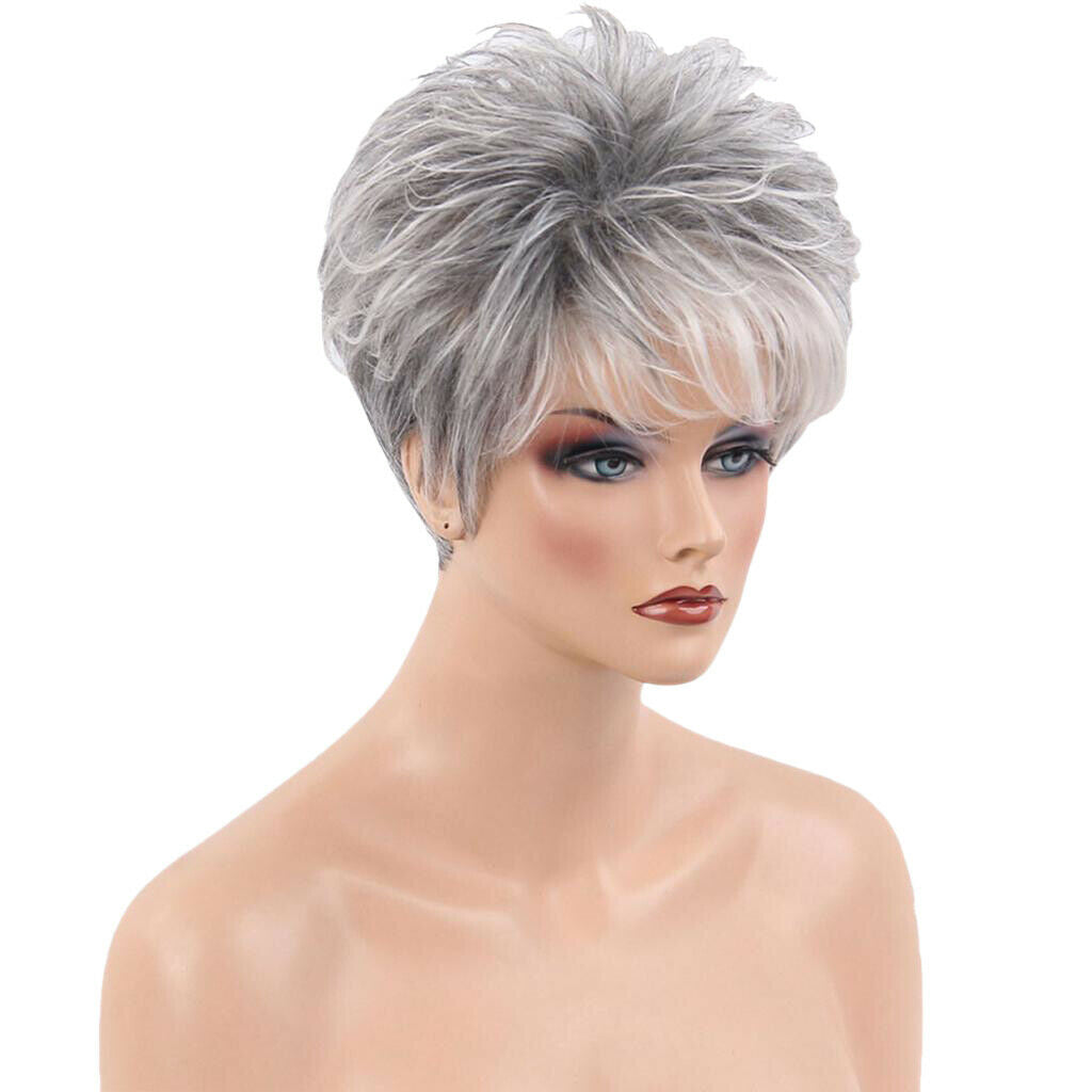 Women Straight Hair Natural Full Head Wigs White Gray Wig