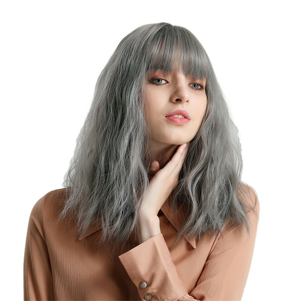 16'' Grayish Blue Female Meidum Wavy Bob Wig Synthetic Anime Wigs With Bangs