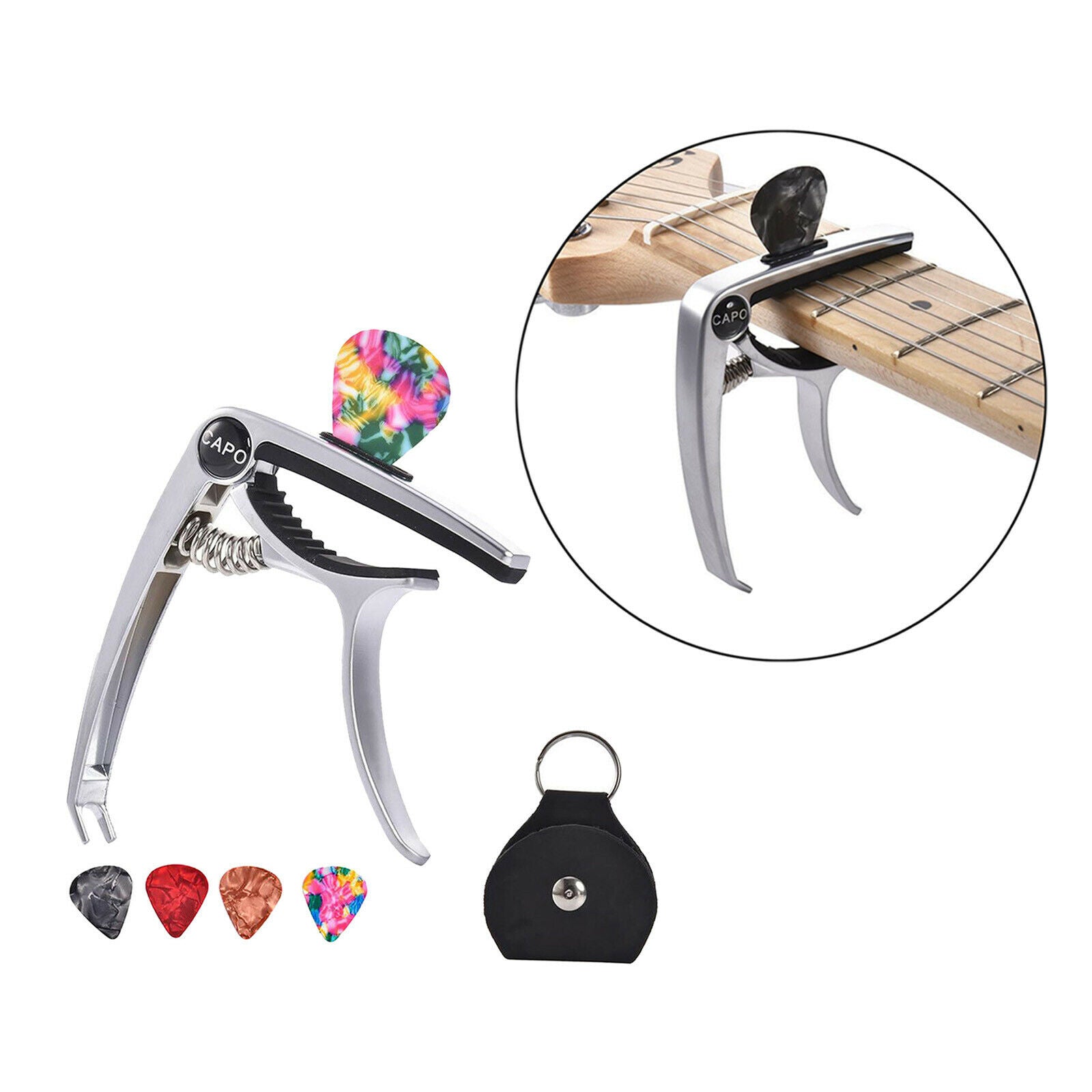 Metal Guitar Capo with 5 Picks Electric Guitar Ukuleles Banjos Parts Accs -