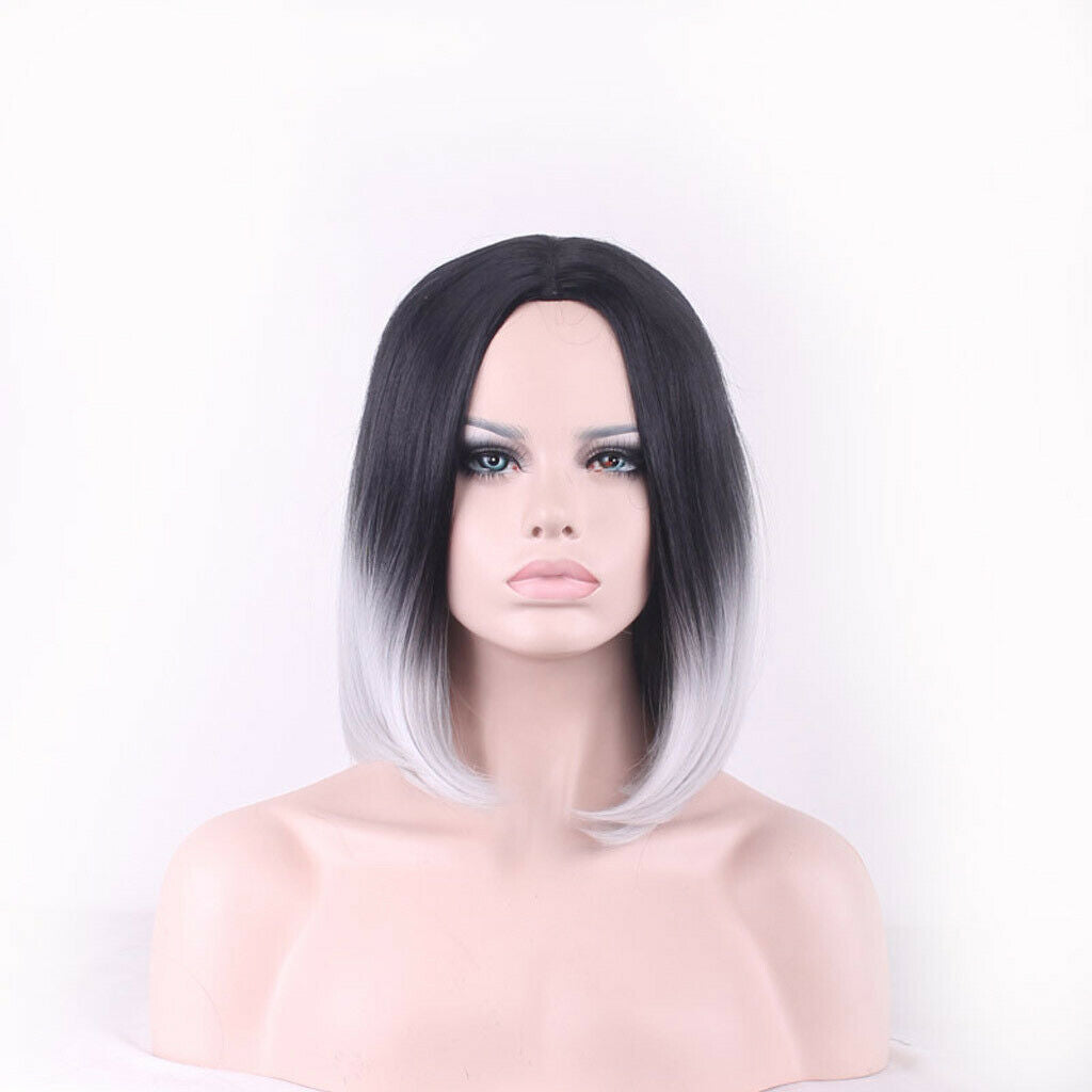 Ladies Straight Synthetic Wig Ombre Color Black Mixed Grey Fiber Wig 40