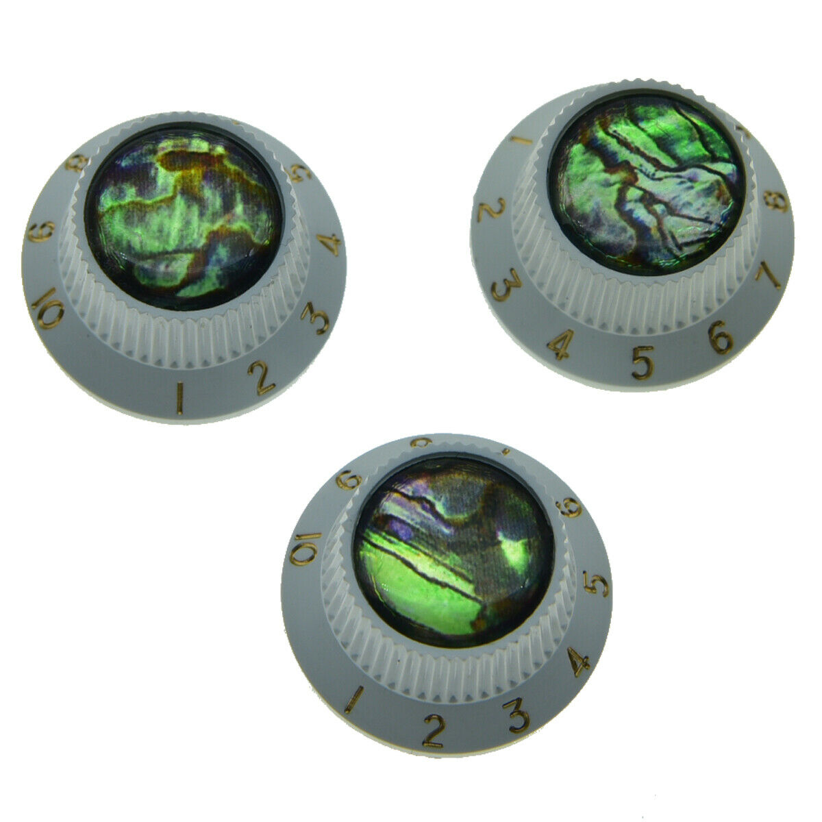 Set of 3 Plastic Push On Fit Abalone Top ST Strat Guitar Knobs Bass Knobs White