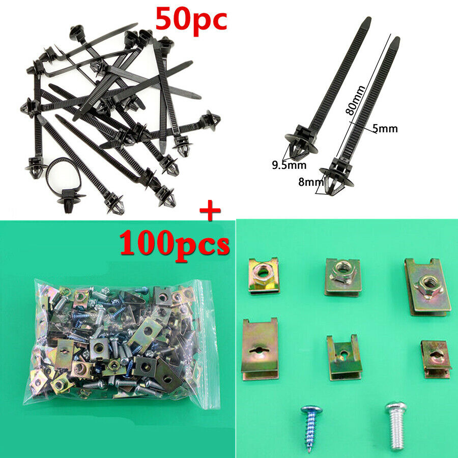 100pcs Mixed U Type Car Door Body Panel Fasterner Fixed Clips + 50pcs Tie Wraps