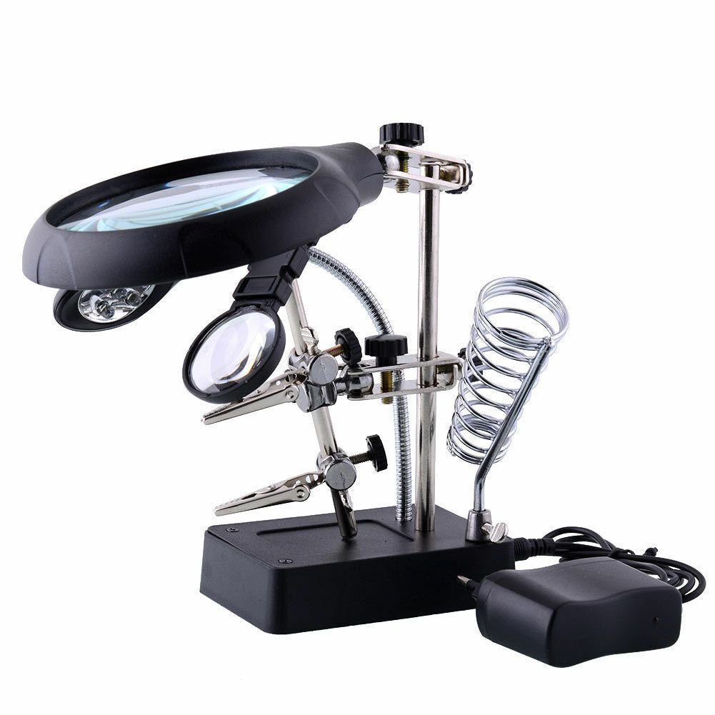 Helping 2 LED Hand Soldering Stand Light Magnifier Magnifying Glass Lens MG16129