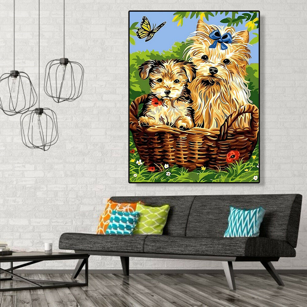 Painting By Numbers Kit DIY Two Dogs Canvas Oil Wall Picture Home Artwork @