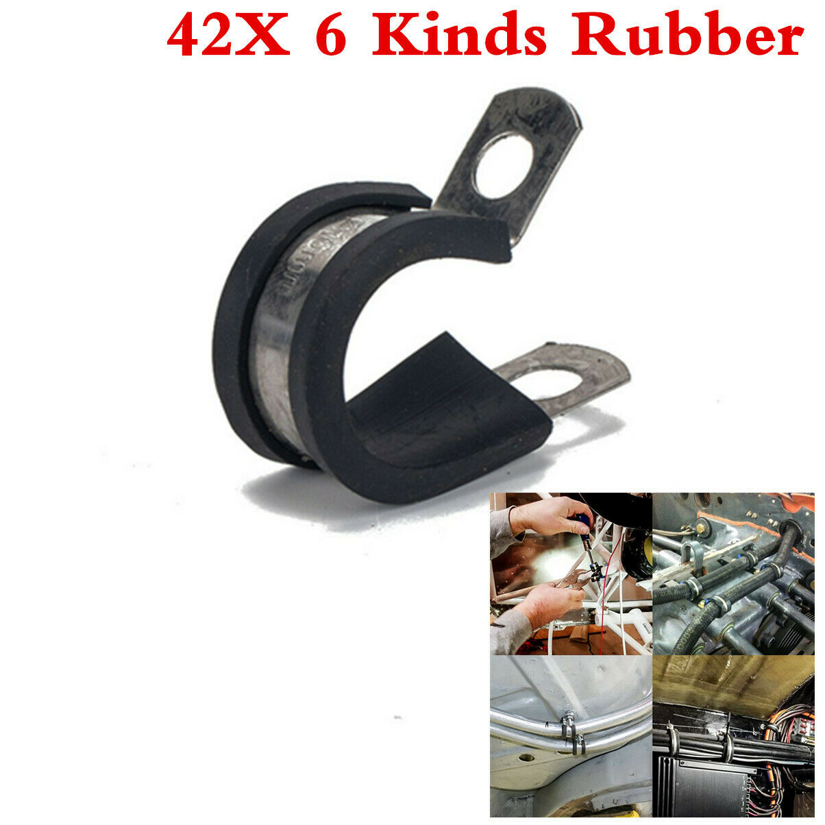 Universal 42X 6Kinds Rubber Cushion Insulated Clamp Stainless Steel Cable Clamps