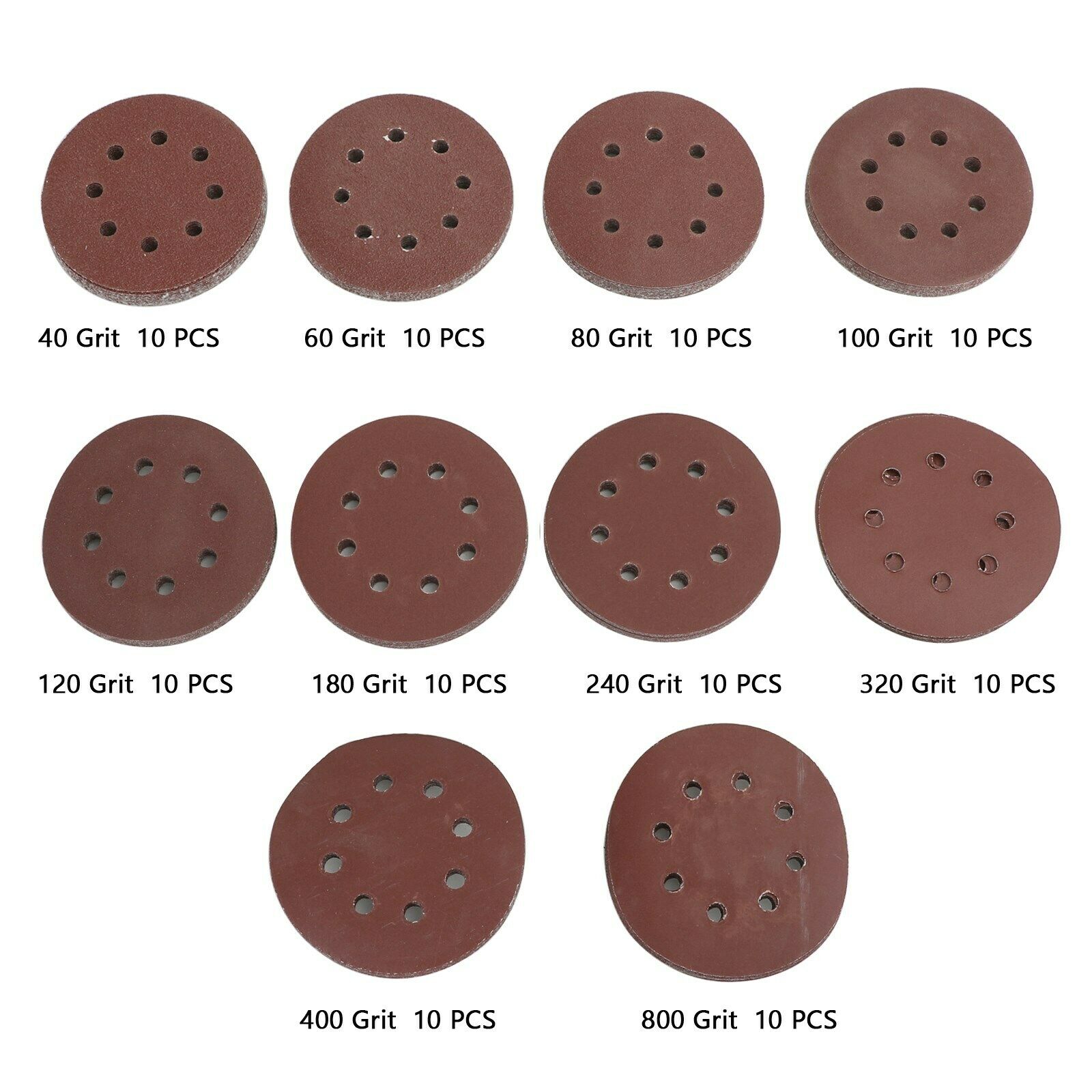 100 pack Sanding Discs 5 Inch 8 Holes Hook & Loop Random Orbital Sandpaper Grit
