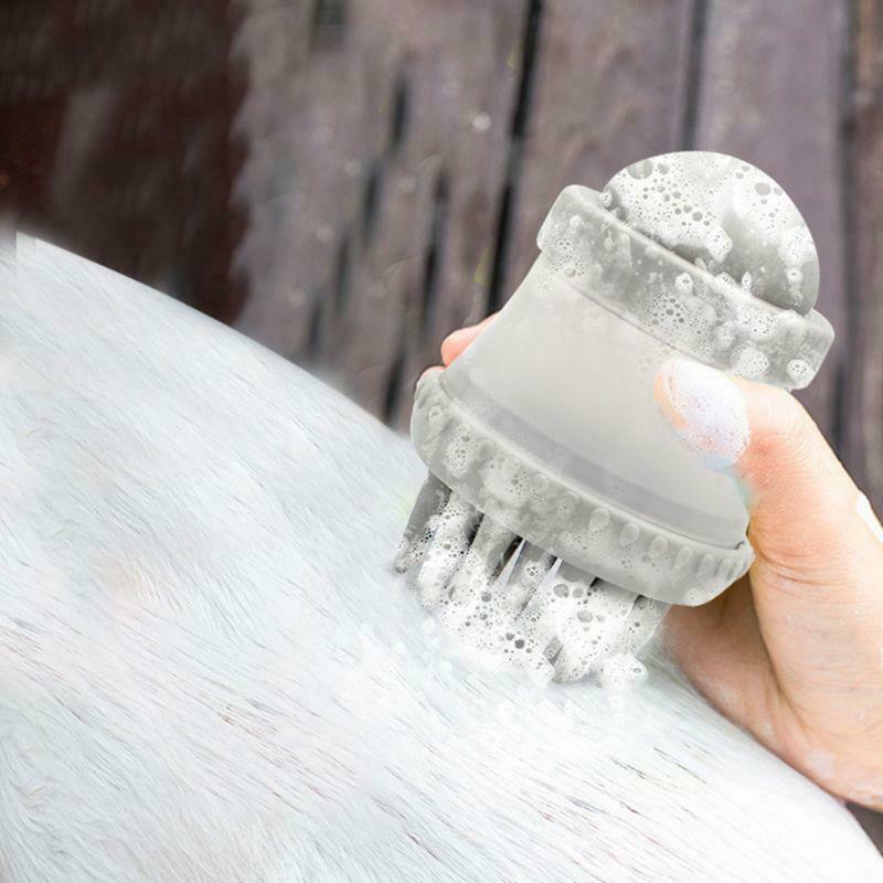 Pet Dog Cat Bath & Massage Brush, Pet Scrubber Shampoo Dispenser Silicone Brush