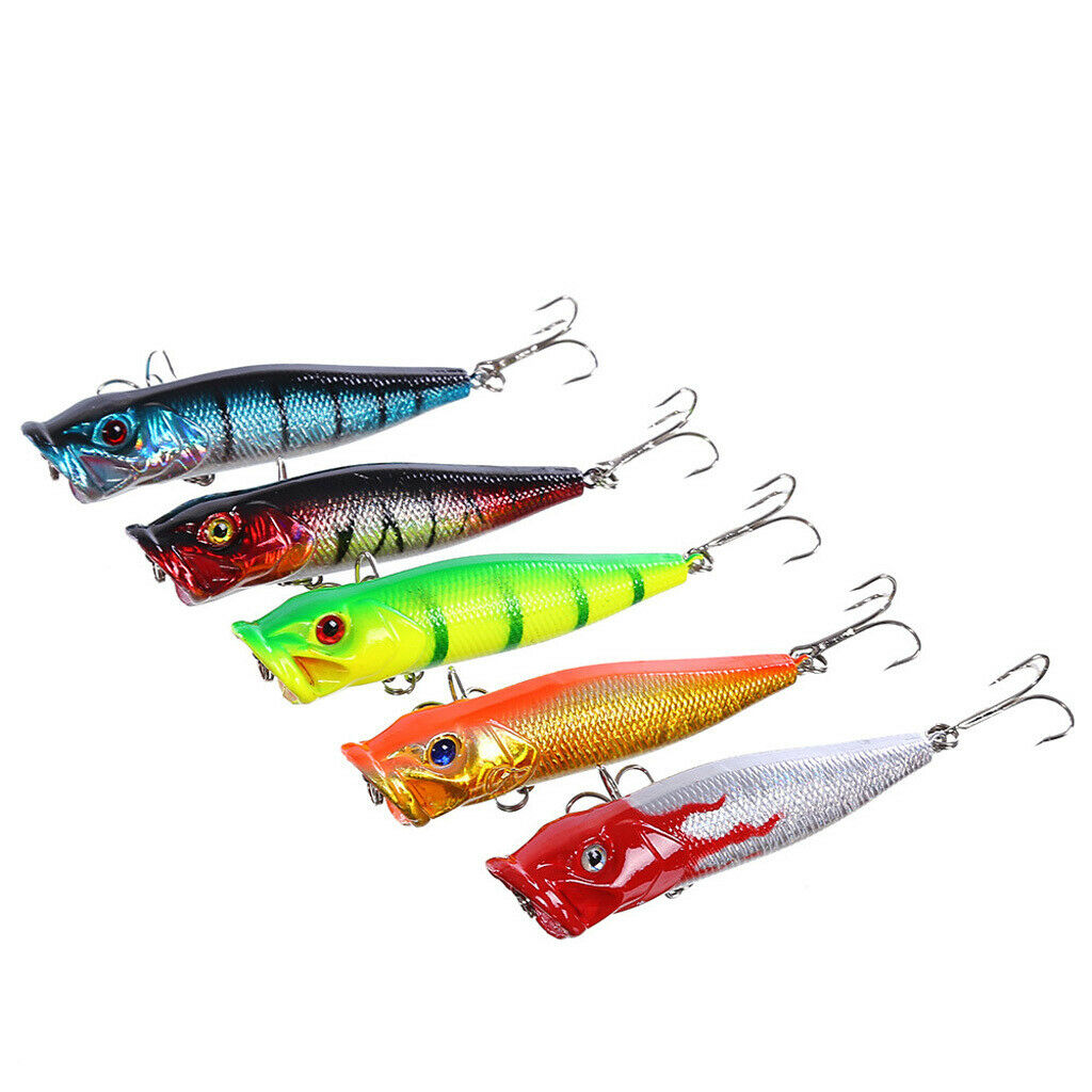 5pcs Fishing Topwater Floating Popper Lures Treble Hooks Hard Bait Crankbait