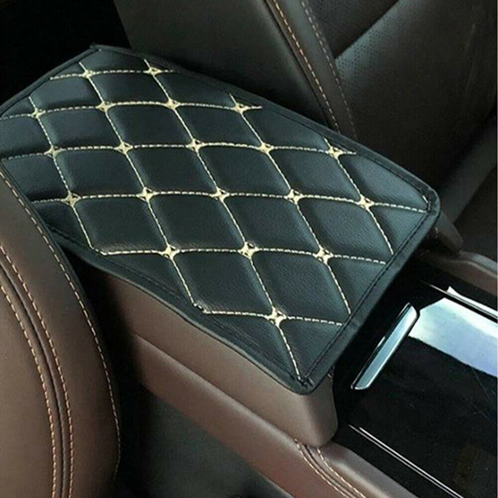 Black PU Leather White Line Car Armrest Pad Cover Console Box Mat Accessories