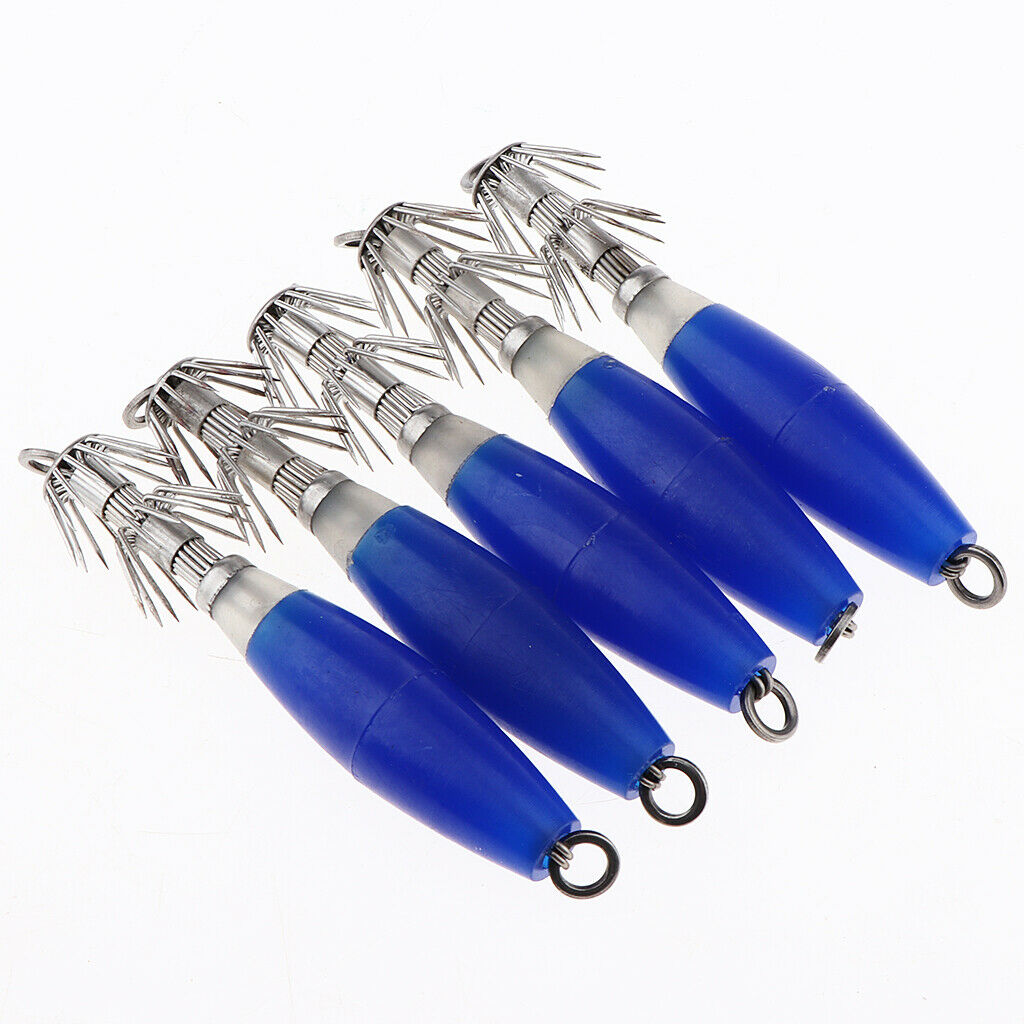 5pcs Luminous Blue Squid Jigs Glow in Dark Tackle Saltwater Fishing Lures