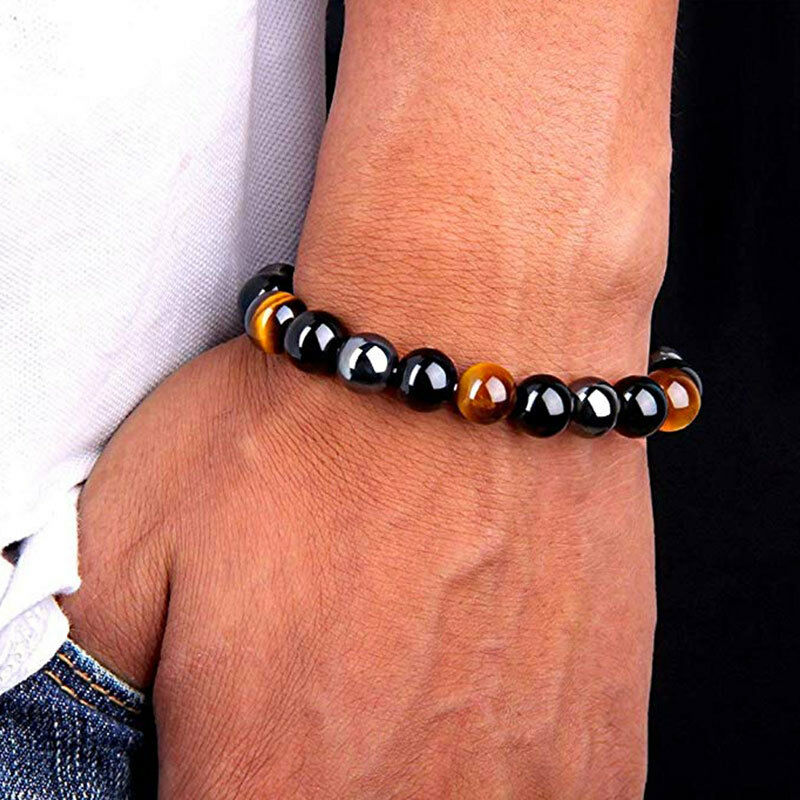 Bracelet " Triple Protection " IN Eye Of Tiger, Hematite And Obsidian Black New