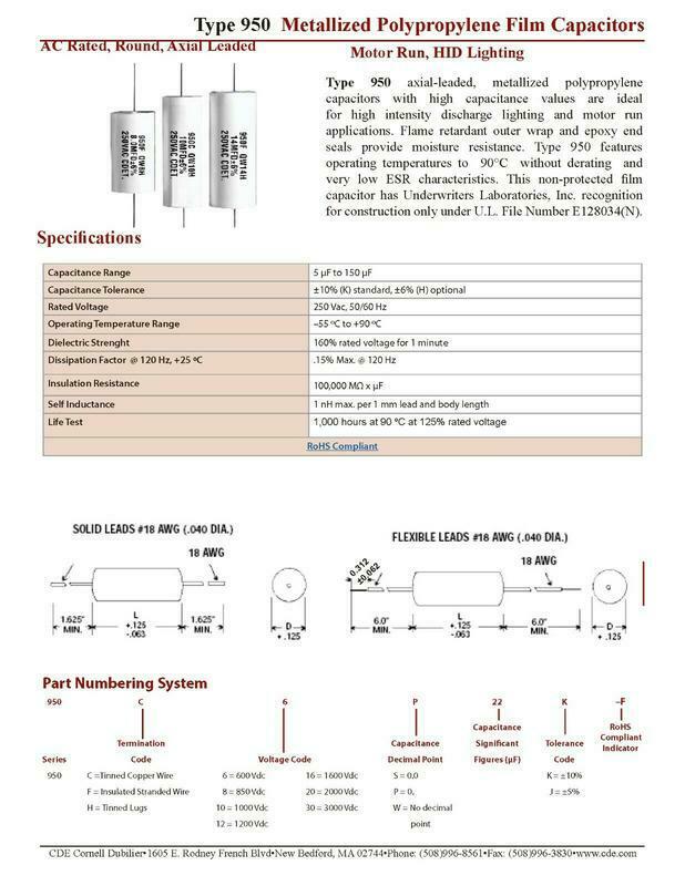 1pcs-CDE 950 50uF 250V(ac) 5% 950CQW50J Polypropylene Axial Film Capacitor